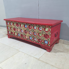 Indian Antique Brass Work Solid Wood Blanket Box C26