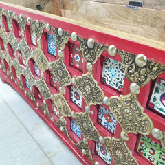 Indian Antique Brass Work Solid Wood Blanket Box C26