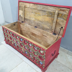 Indian Antique Brass Work Solid Wood Blanket Box C26