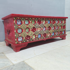 Indian Antique Brass Work Solid Wood Blanket Box C26