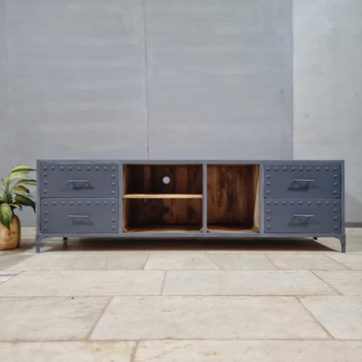 Metal Factory Industrial Indian Solid Wood TV Unit 55