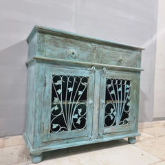 Indian Hand Carved Solid Wood Metal Carved Doors Cabinet D104