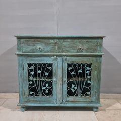 Indian Hand Carved Solid Wood Metal Carved Doors Cabinet D104