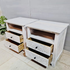 Indian Hand Carved Solid Wood White BedSide Table 92