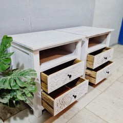 Indian Hand Carved Solid Wood White BedSide Table 92