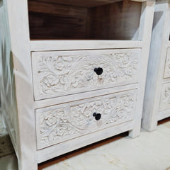 Indian Hand Carved Solid Wood White BedSide Table 92