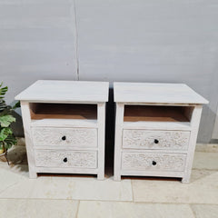 Indian Hand Carved Solid Wood White BedSide Table 92