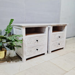 Indian Hand Carved Solid Wood White BedSide Table 92