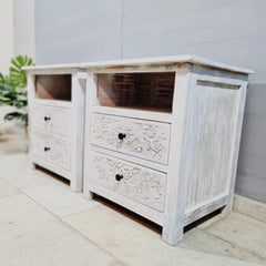 Indian Hand Carved Solid Wood White BedSide Table 92