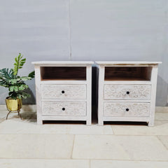 Indian Hand Carved Solid Wood White BedSide Table 92