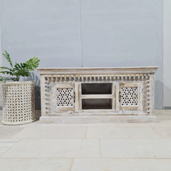 Hand Carved Solid Wood TV Unit Whitewash 56