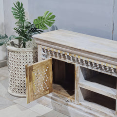 Hand Carved Solid Wood TV Unit Whitewash 56