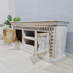 Hand Carved Solid Wood TV Unit Whitewash 56