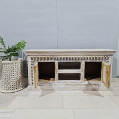 Hand Carved Solid Wood TV Unit Whitewash 56