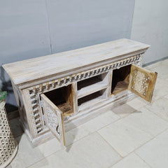 Hand Carved Solid Wood TV Unit Whitewash 56