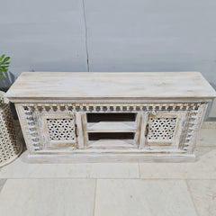 Hand Carved Solid Wood TV Unit Whitewash 56