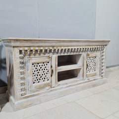 Hand Carved Solid Wood TV Unit Whitewash 56