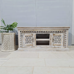 Hand Carved Solid Wood TV Unit Whitewash 56