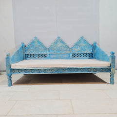 Indian Wooden Handmade Carved Balinese Daybed Sofa Blue Wash D20