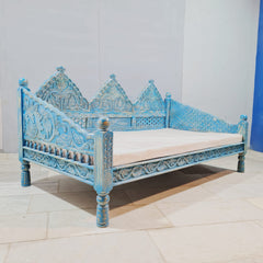 Indian Wooden Handmade Carved Balinese Daybed Sofa Blue Wash D20