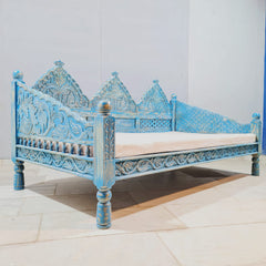 Indian Wooden Handmade Carved Balinese Daybed Sofa Blue Wash D20