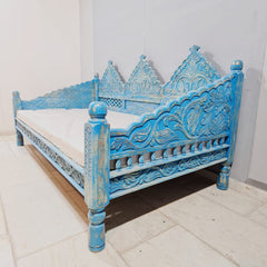Indian Wooden Handmade Carved Balinese Daybed Sofa Blue Wash D20