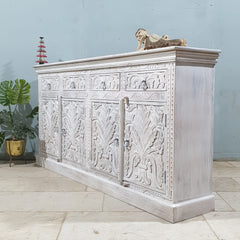 Carved Oasis Hand Carved Mango Wood Sideboard Distressed