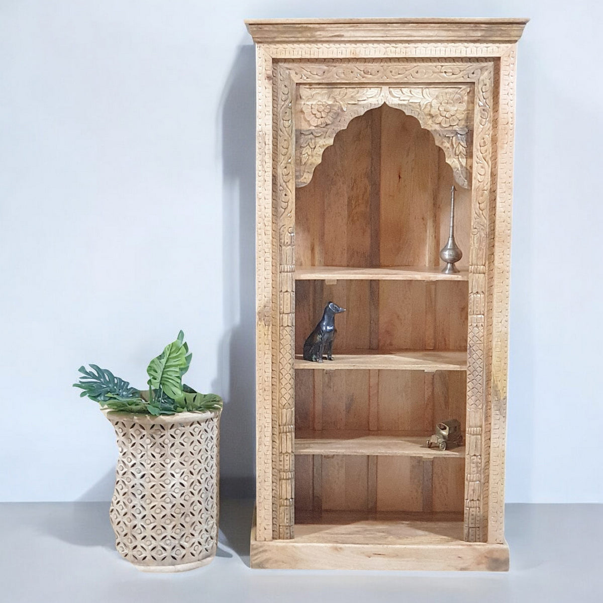 Indian Handmade Carved Solid Hard Wood Bookshelf Natural