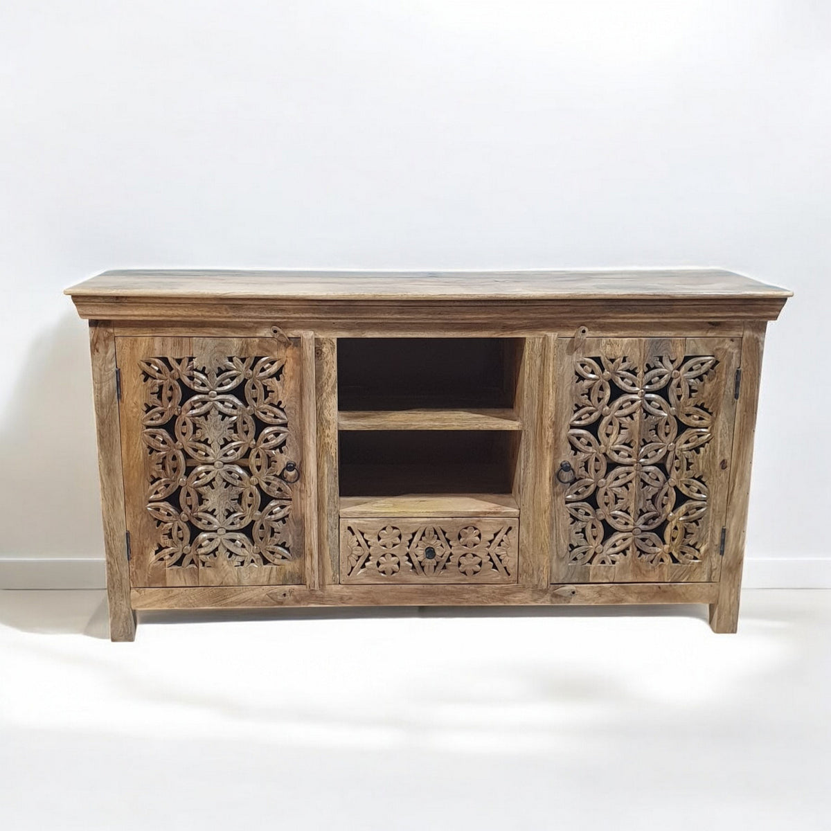 Handmade Carved Indian Mango Wood 2 Door 1 Drawer Sideboard Natural