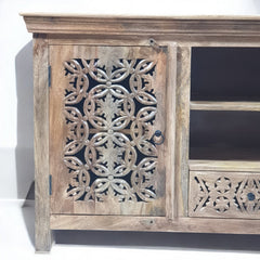 Handmade Carved Indian Mango Wood 2 Door 1 Drawer Sideboard Natural