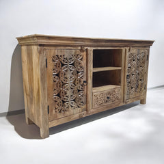 Handmade Carved Indian Mango Wood 2 Door 1 Drawer Sideboard Natural