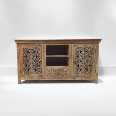 Handmade Carved Indian Mango Wood 2 Door 1 Drawer Sideboard Natural