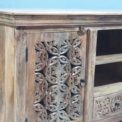 Handmade Carved Indian Mango Wood 2 Door 1 Drawer Sideboard Natural