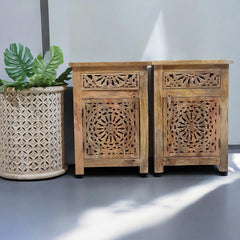 Indian Handcarved Farmhouse Solid Wood 1 Drawer  Bedside Set Of 2 Brown 50x40x65cm