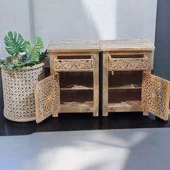 Indian Handcarved Farmhouse Solid Wood 1 Drawer  Bedside Set Of 2 Brown 50x40x65cm