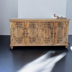 Handmade Carved Indian Mango Wood  4 Doors Sideboard Brown 180x40x90cm