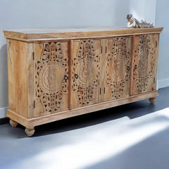 Handmade Carved Indian Mango Wood  4 Doors Sideboard Brown 180x40x90cm