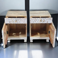 Indian Hand Carved Solid Wooden Bedside Table White 46x60x60cm