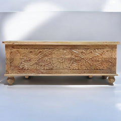Handmade Indian Furniture Solid Hard Wood Carved Blanket Box Brown