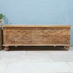 Handmade Indian Furniture Solid Hard Wood Carved Blanket Box Brown 120x40x45cm