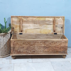 Handmade Indian Furniture Solid Hard Wood Carved Blanket Box Brown 120x40x45cm