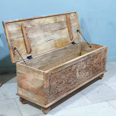 Handmade Indian Furniture Solid Hard Wood Carved Blanket Box Brown 120x40x45cm