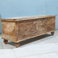 Handmade Indian Furniture Solid Hard Wood Carved Blanket Box Brown 120x40x45cm