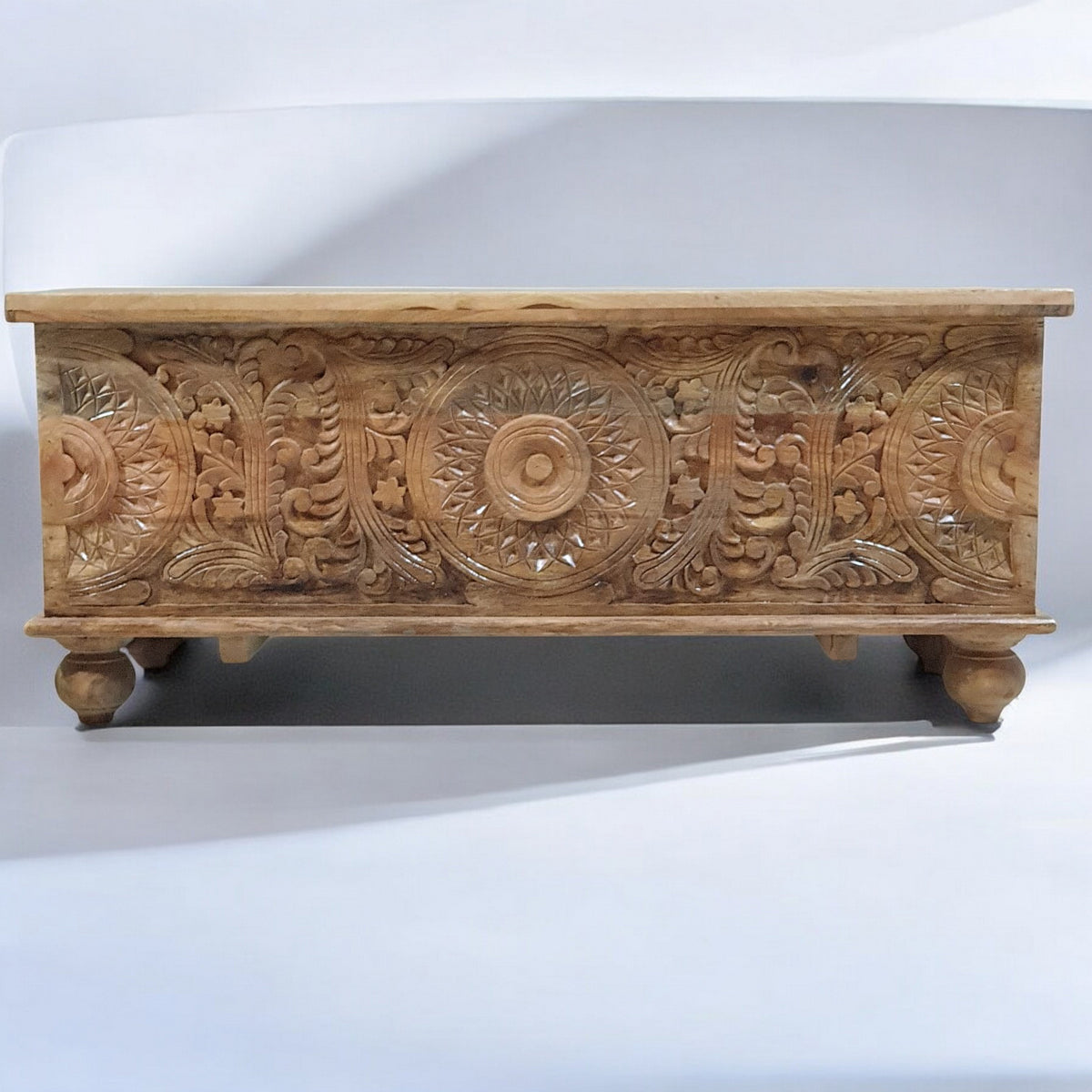 Handmade Indian Furniture Solid Hard Wood Carved Blanket Box Brown 120x40x45cm