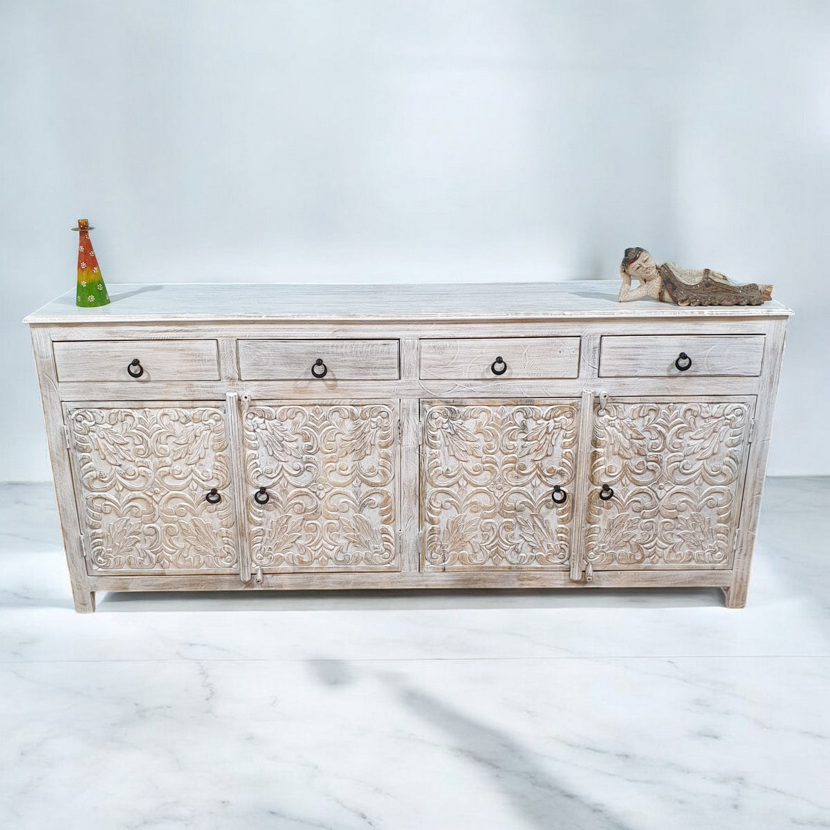 Handmade Carved Indian Mango Wood 4 Drawers 4 Doors Sideboard Whitewash