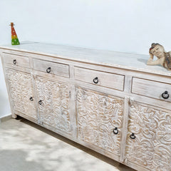 Handmade Carved Indian Mango Wood 4 Drawers 4 Doors Sideboard Whitewash