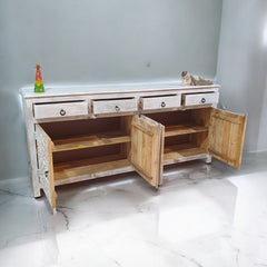 Handmade Carved Indian Mango Wood 4 Drawers 4 Doors Sideboard Whitewash