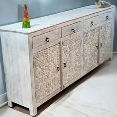 Handmade Carved Indian Mango Wood 4 Drawers 4 Doors Sideboard Whitewash