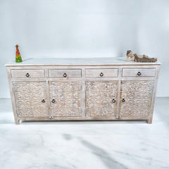 Handmade Carved Indian Mango Wood 4 Drawers 4 Doors Sideboard Whitewash