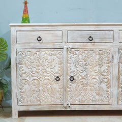 Handmade Carved Indian Mango Wood 4 Drawers 4 Doors Sideboard Whitewash